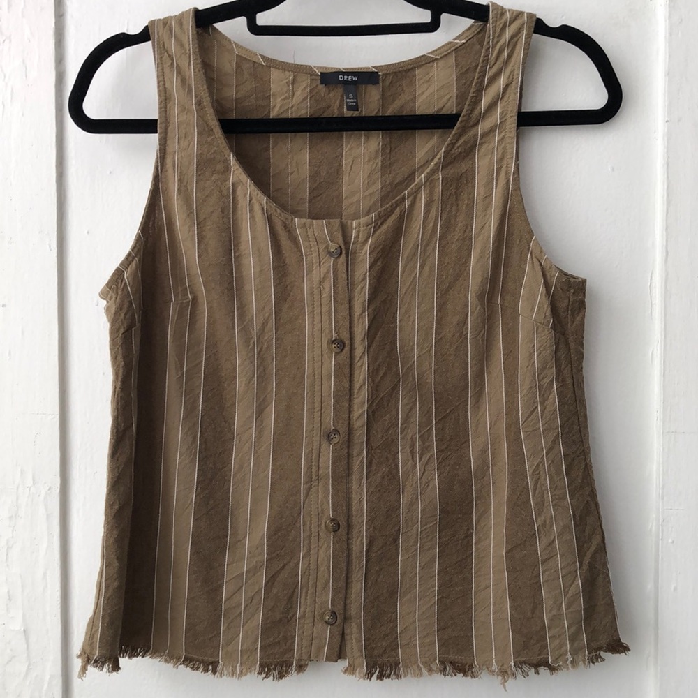 Anthropologie Drew Green Striped Button Down Frayed Edge Tank Top Small